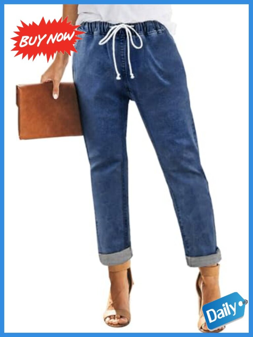Women's Pull On Jeans Drawstring Elastic Waist Denim Stretch Joggers